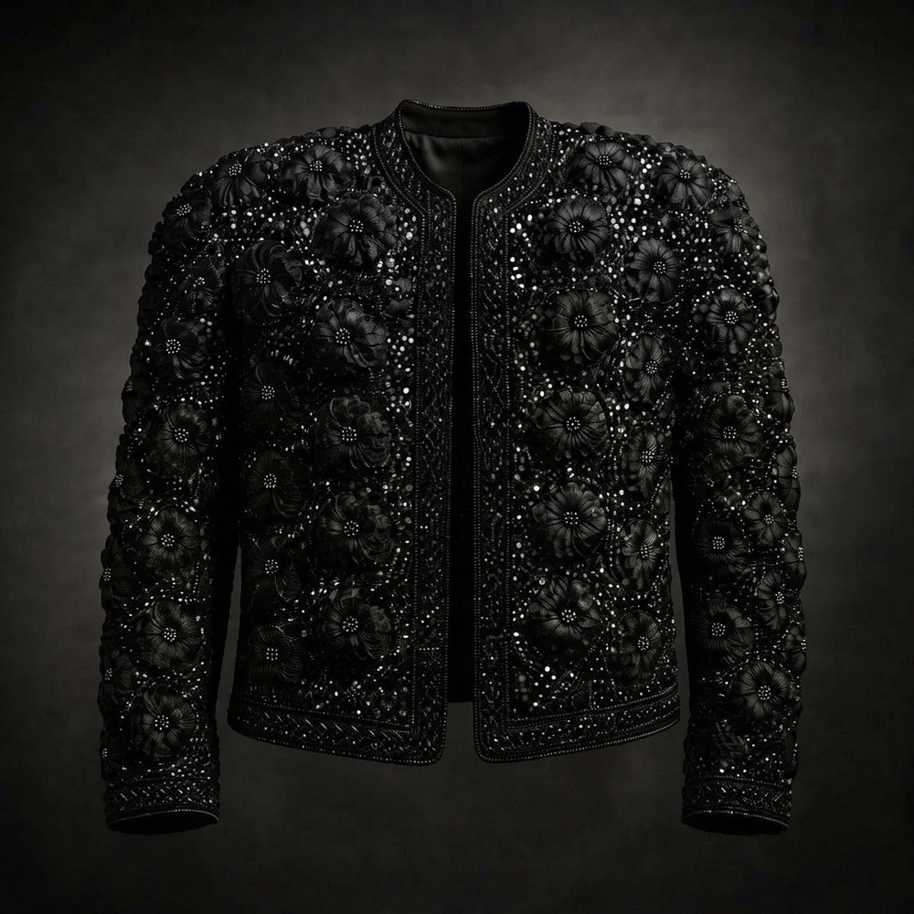 Vintage Black Couture Style 3D Floral Applique Sequin Evening Jacket